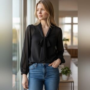 Forever 21 Black Bow-Tie Sheer Sleeve Blouse
